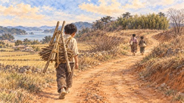 수채화로 그린 책보 대신 지게를 지고 밭으로 향하는 소년
