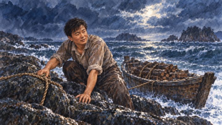 수채화로 그린 죽도 갯바위에 닿아 젖은 목선을 묶고 숨을 고르는 청년 배병희
