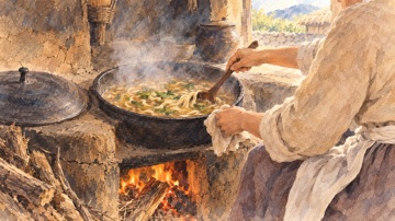 수채화로 그린 가마솥에 미꾸라지 칼국수를 끓이는 아내의 손