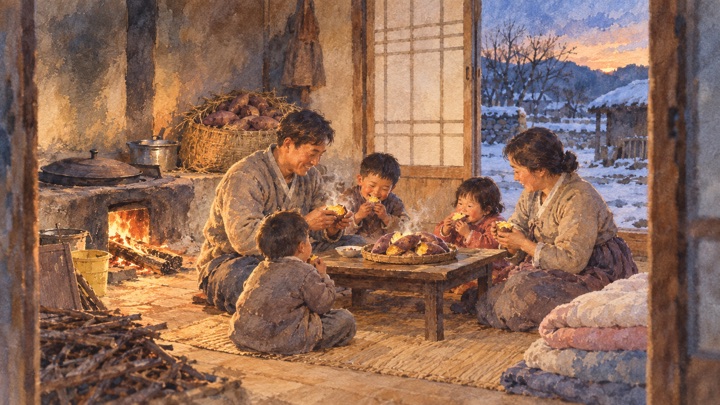 수채화로 그린 겨울밤 고구마를 나누어 먹는 가족