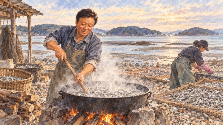 수채화로 그린 갯가 자갈밭의 가마솥에서 멸치를 삶는 배병희