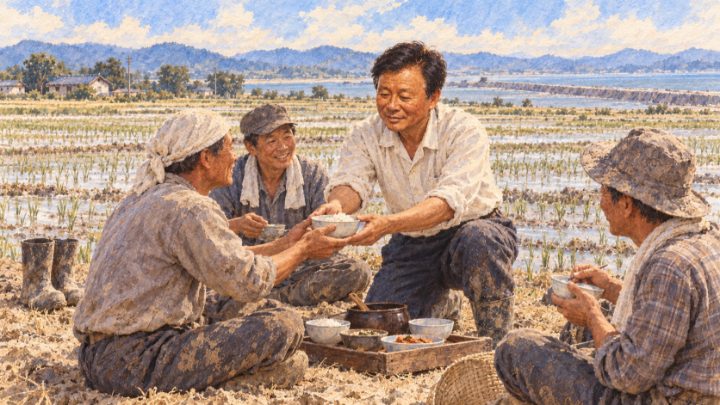 수채화로 그린 독정리 논둑에서 일꾼들에게 따뜻한 밥을 나누는 배병희