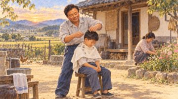 수채화로 그린 독정리 집 마당에서 아들의 머리를 손수 깎아주는 배병희와 꽃밭을 가꾸는 아내