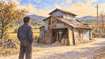 수채화로 그린 낡은 정미소 앞에 선 배병희