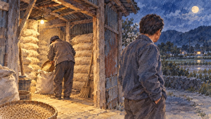 수채화로 그린 볍씨를 가져가는 이웃을 보고 조용히 돌아서는 배병희