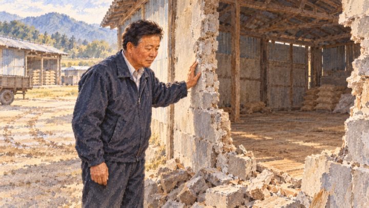수채화로 그린 도난 뒤 벽이 뚫리고 쌀이 사라진 창고를 마주한 배병희