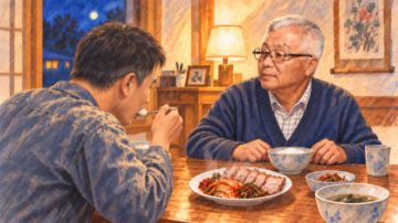 수채화로 그린 옆얼굴만 살짝 보인 채 밥을 맛있게 먹는 아들과 그 모습을 지그시 바라보는 백발의 아버지