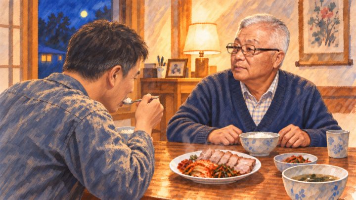수채화로 그린 옆얼굴만 살짝 보인 채 밥을 맛있게 먹는 아들과 그 모습을 지그시 바라보는 백발의 아버지