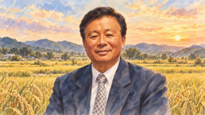 가을 논을 배경으로 정장을 입은 배병희의 수채화 초상