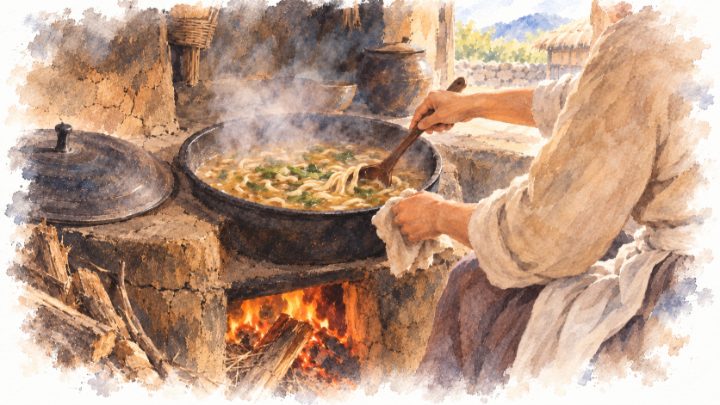수채화로 그린 가마솥에 미꾸라지 칼국수를 끓이는 아내의 손