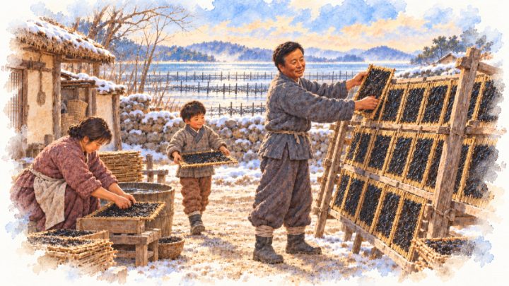 수채화로 그린 겨울 마당에서 김발을 함께 널어 말리는 가족