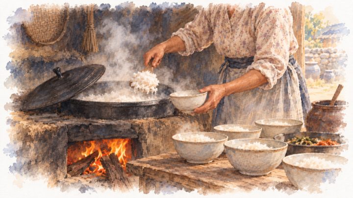 수채화로 그린 가마솥 밥을 떠서 일꾼들의 그릇에 담는 아내의 손