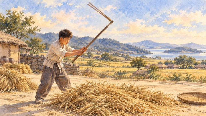 수채화로 그린 마당에서 홀로 도리깨로 보리를 타작하는 소년