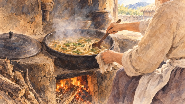 수채화로 그린 가마솥에 미꾸라지 칼국수를 끓이는 아내의 손