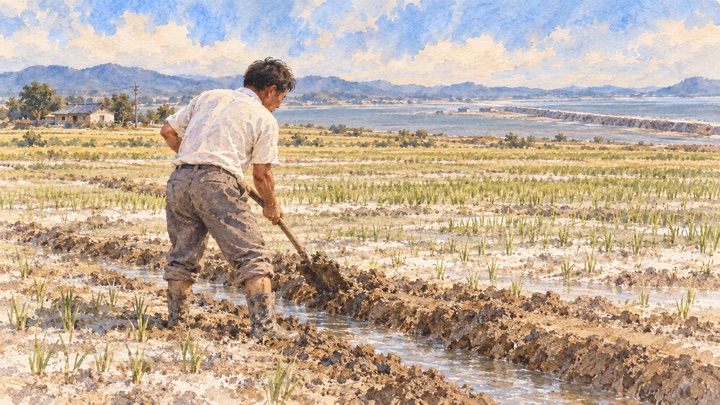 수채화로 그린 간척지 물길을 돌보며 소금기를 빼는 배병희