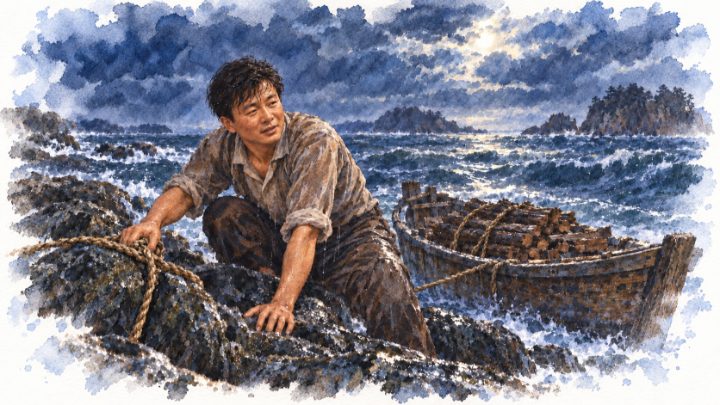 수채화로 그린 죽도 갯바위에 닿아 젖은 목선을 묶고 숨을 고르는 청년 배병희