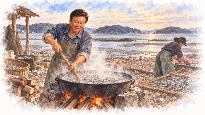수채화로 그린 갯가 자갈밭의 가마솥에서 멸치를 삶는 배병희
