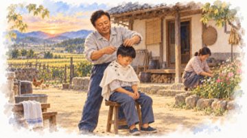 수채화로 그린 독정리 집 마당에서 아들의 머리를 손수 깎아주는 배병희와 꽃밭을 가꾸는 아내