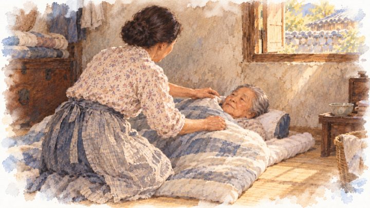 수채화로 그린 비좁은 집에서 병든 배병희의 어머니를 돌보며 이불을 여미는 아내