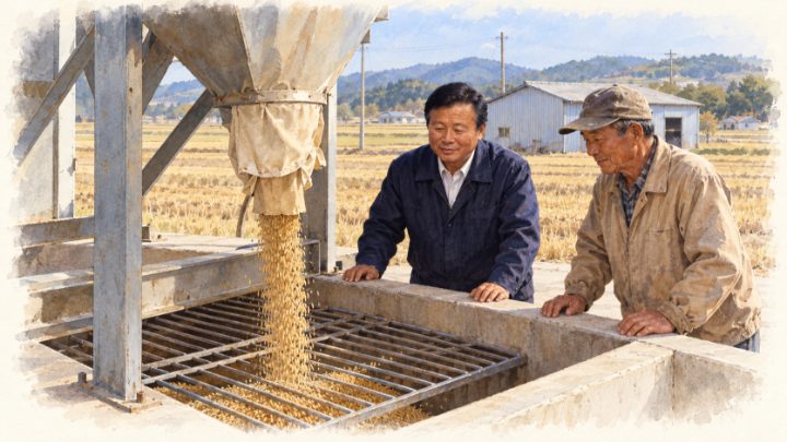 수채화로 그린 배출구에 고정한 천 슈트와 반입 호퍼에서 물벼를 받는 배병희와 농민
