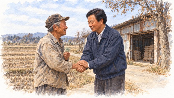지급을 마친 뒤 현금을 받아든 늙은 농민의 거친 손을 꼭 잡는 배병희