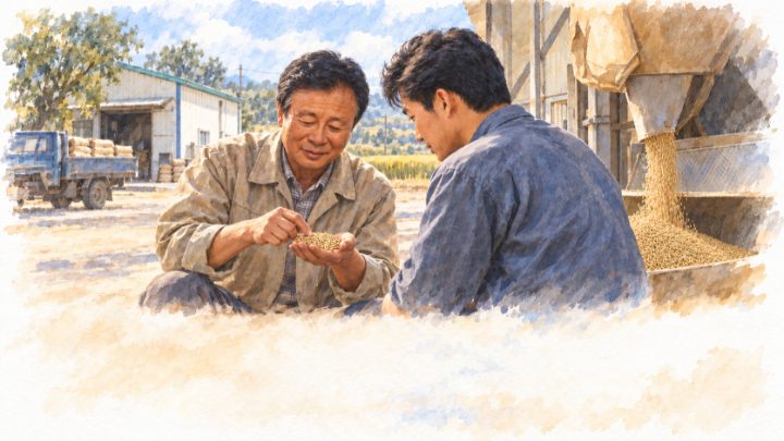 아버지와 맏아들이 손에 담긴 나락을 비교하며 수매 품질을 살피는 현장