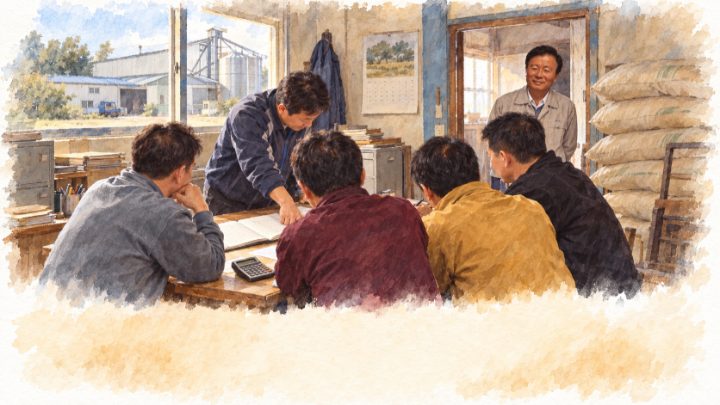 아버지와 다섯 아들이 장부/종자/유통 메모를 두고 일을 나누는 정미소 사무실