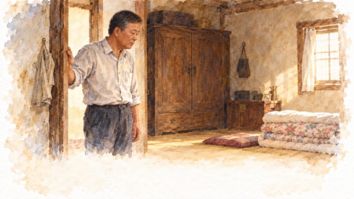 안방 문턱에 선 배병희와 아내가 없는 이불 자리