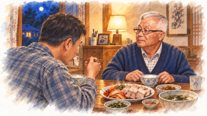 수채화로 그린 젓가락으로 수육을 집어 먹는 아들의 옆얼굴과 지그시 바라보는 백발의 아버지