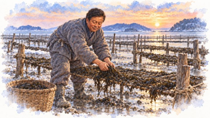 수채화로 그린 겨울 새벽 갯벌의 지주식 김발에서 생김을 채취하는 배병희