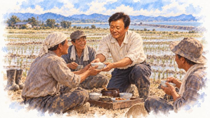 수채화로 그린 독정리 논둑에서 일꾼들에게 따뜻한 밥을 나누는 배병희