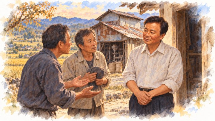 수채화로 그린 밀린 볏값을 걱정하는 농민들이 배병희에게 정미소 인수를 부탁하는 순간