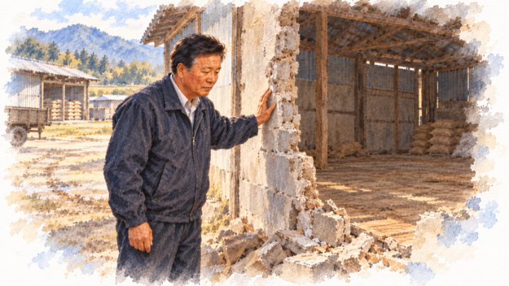 수채화로 그린 도난 뒤 벽이 뚫리고 쌀이 사라진 창고를 마주한 배병희
