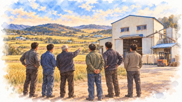 수채화로 그린 공장 앞에서 다섯 아들과 들녘을 바라보는 아버지