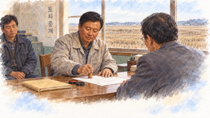 중개인과 매수인 앞에서 논 매매 서류에 도장을 찍는 배병희
