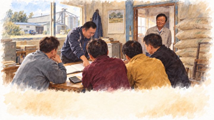 아버지와 다섯 아들이 장부/종자/유통 메모를 두고 일을 나누는 정미소 사무실