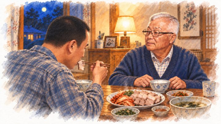 수채화로 그린 젓가락으로 수육을 집어 먹는 아들의 옆얼굴과 지그시 바라보는 백발의 아버지